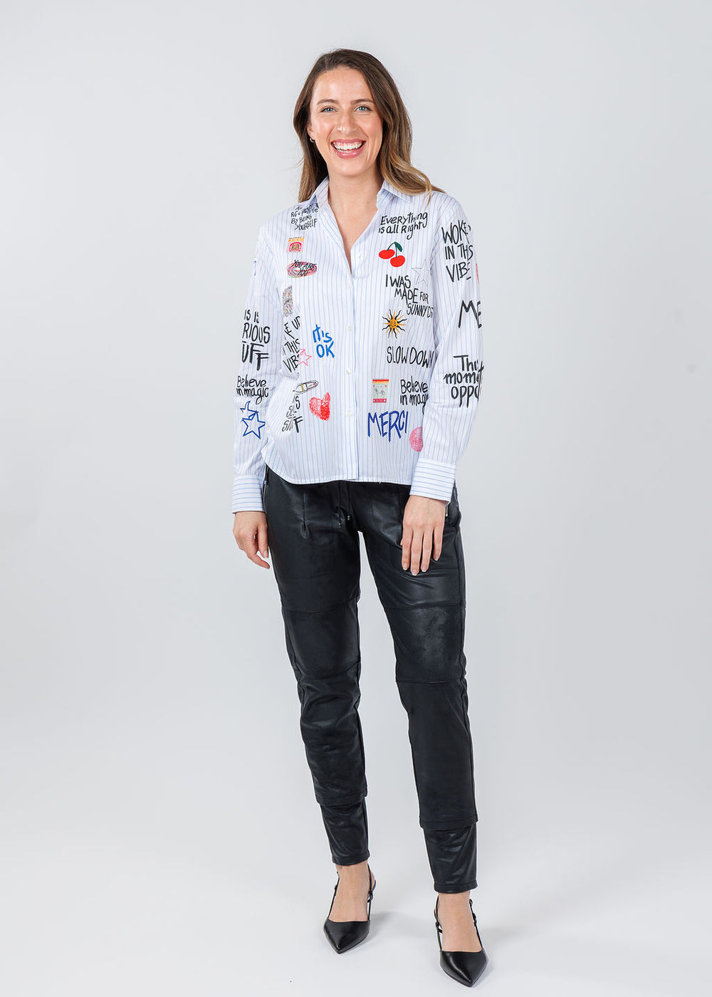 Vilagallo Isa Graffiti Shirt paired with Raffaello Rossi Vegan Leather Candy Pants in Black available at Barbara Katz