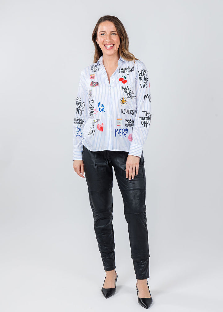 Vilagallo Isa Graffiti Shirt paired with Raffaello Rossi Vegan Leather Candy Pants in Black available at Barbara Katz