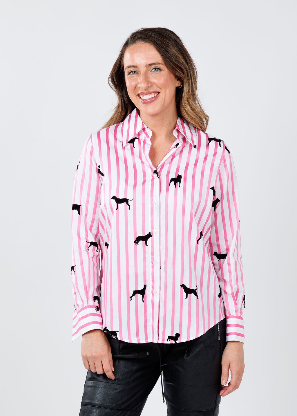 Vilagallo Mafalda Dogs Stripes Shirt in Pink/White available at Barbara Katz