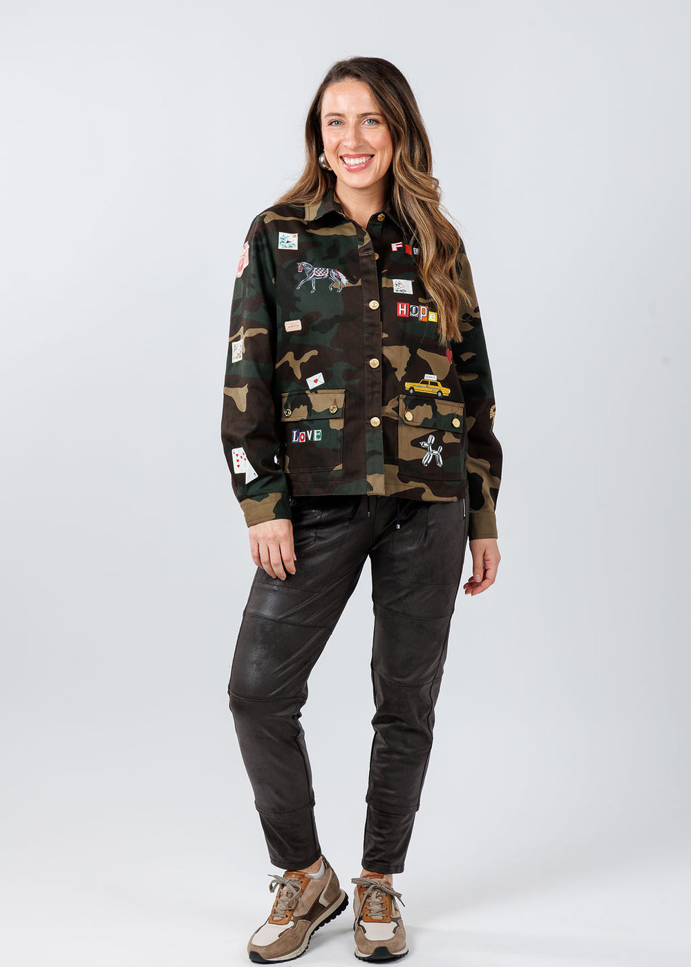 Vilagallo Olivia Camo Jacket paired with Raffaello Rossi Vegan Leather Candy Pants in Brown available at Barbara Katz