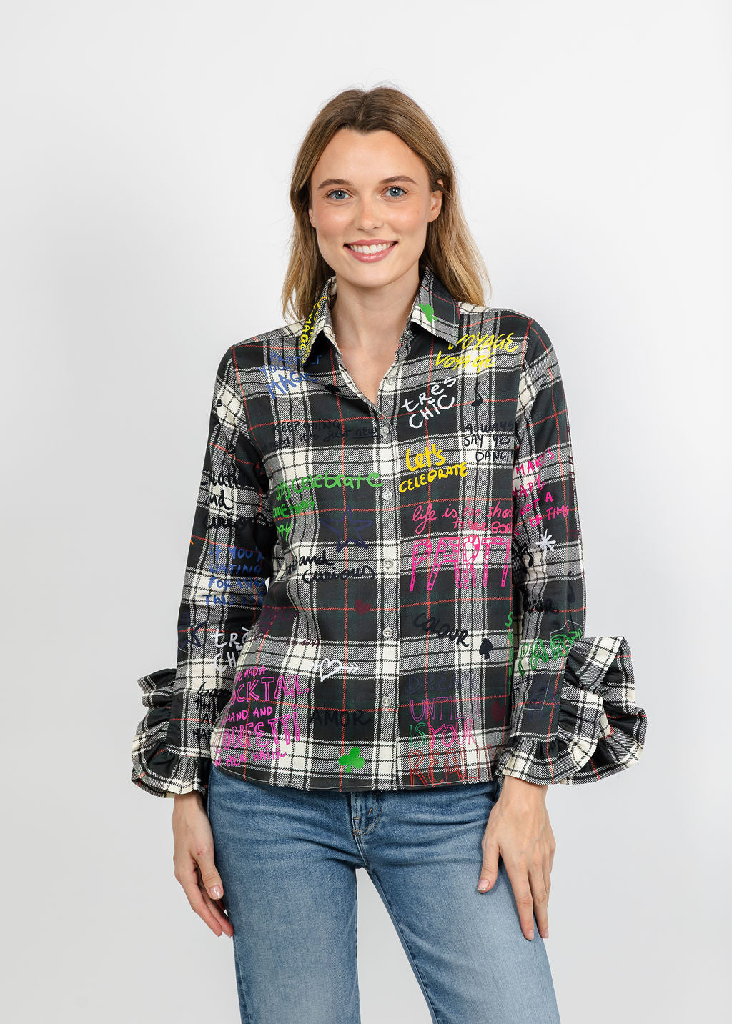 Vilagallo Plaid Ruffle Graffiti Shirt - Multi available at Barbara Katz