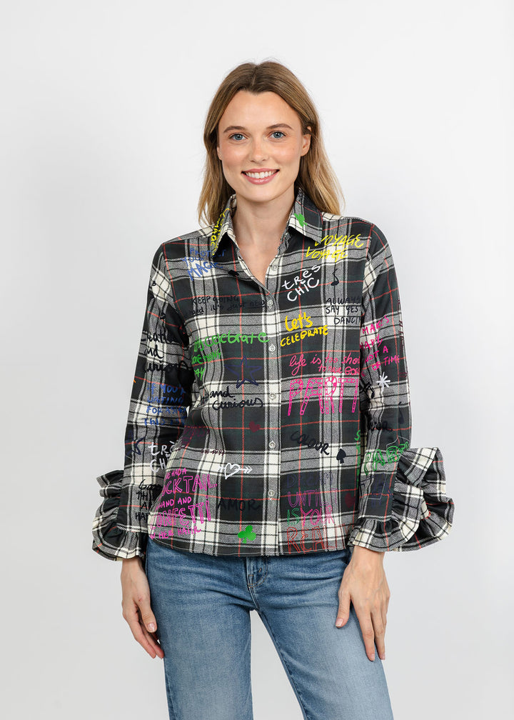 Vilagallo Plaid Ruffle Graffiti Shirt - Multi available at Barbara Katz
