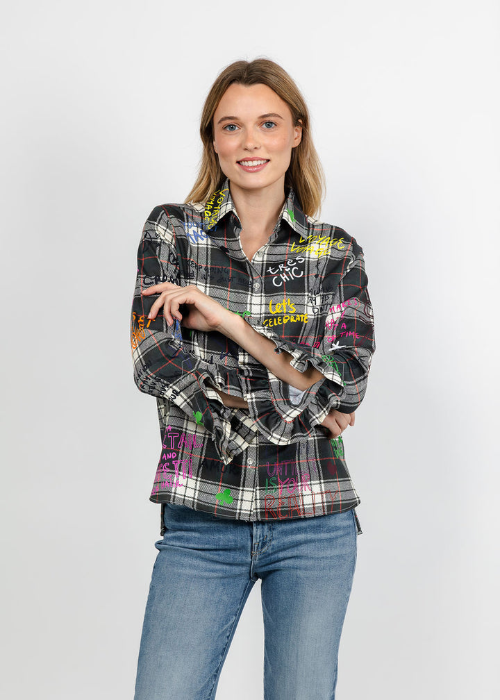 Vilagallo Plaid Ruffle Graffiti Shirt - Multi available at Barbara Katz