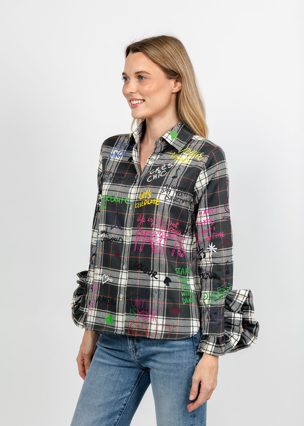 Vilagallo Plaid Ruffle Graffiti Shirt - Multi available at Barbara Katz