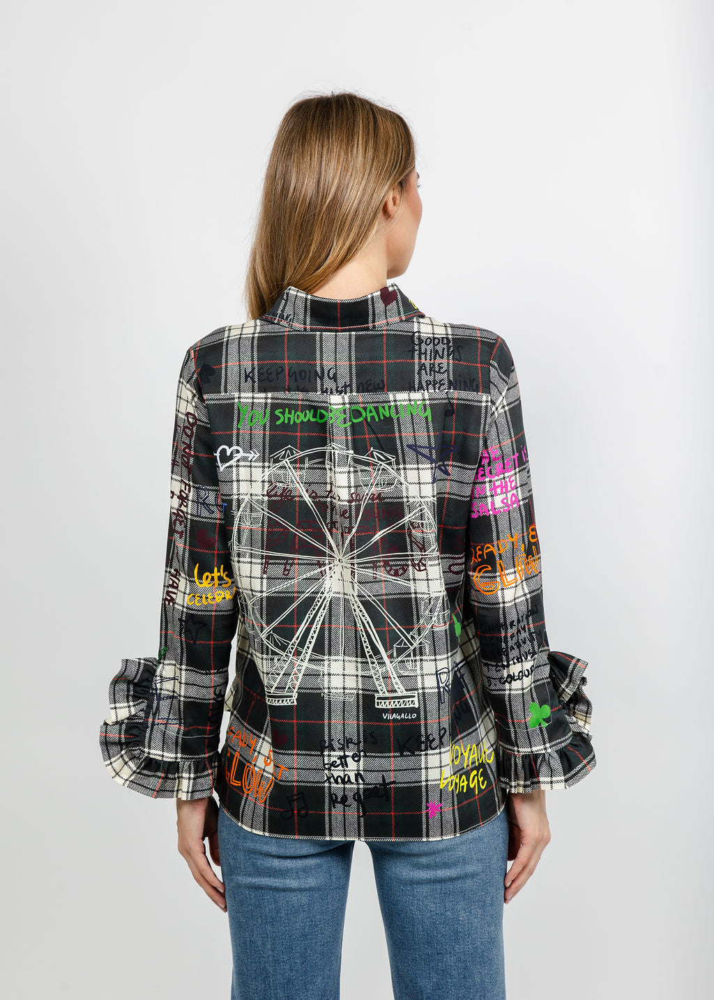 Vilagallo Plaid Ruffle Graffiti Shirt - Multi available at Barbara Katz