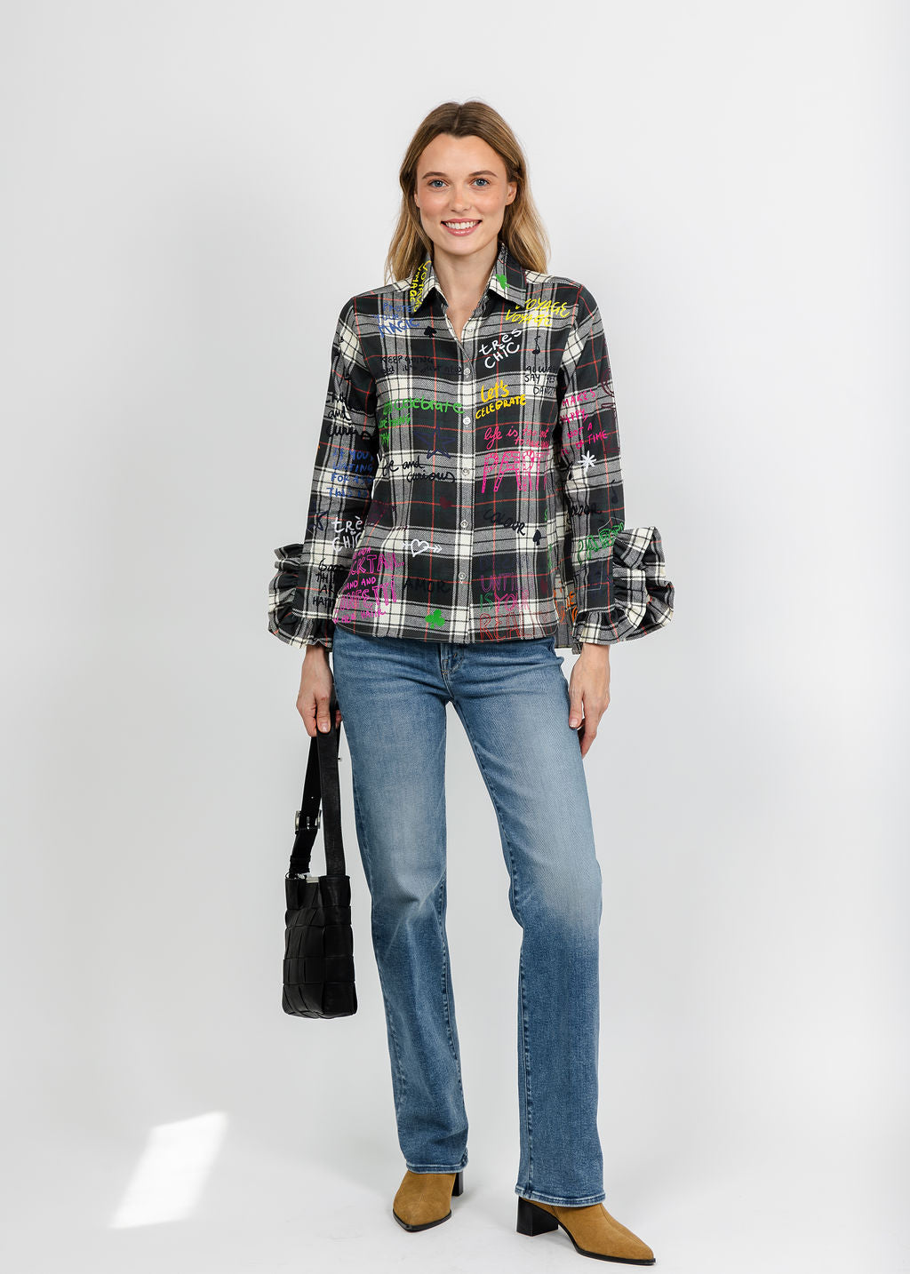 Vilagallo Plaid Ruffle Graffiti Shirt - Multi available at Barbara Katz
