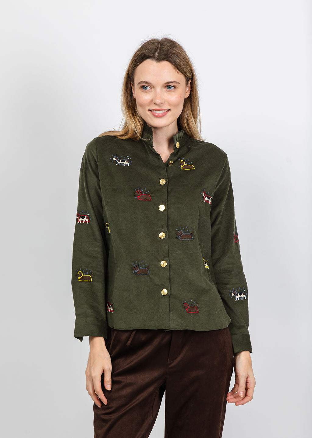 Vilagallo Rainy Dog Corduroy Shirt in Olive available at Barbara Katz