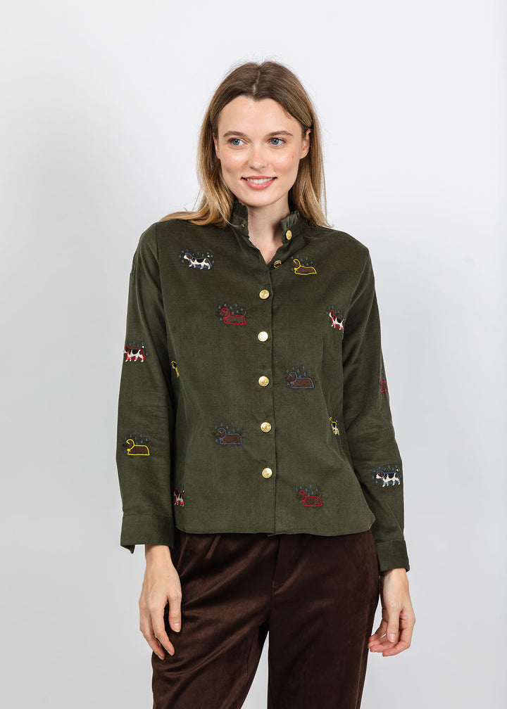 Vilagallo Rainy Dog Corduroy Shirt in Olive available at Barbara Katz