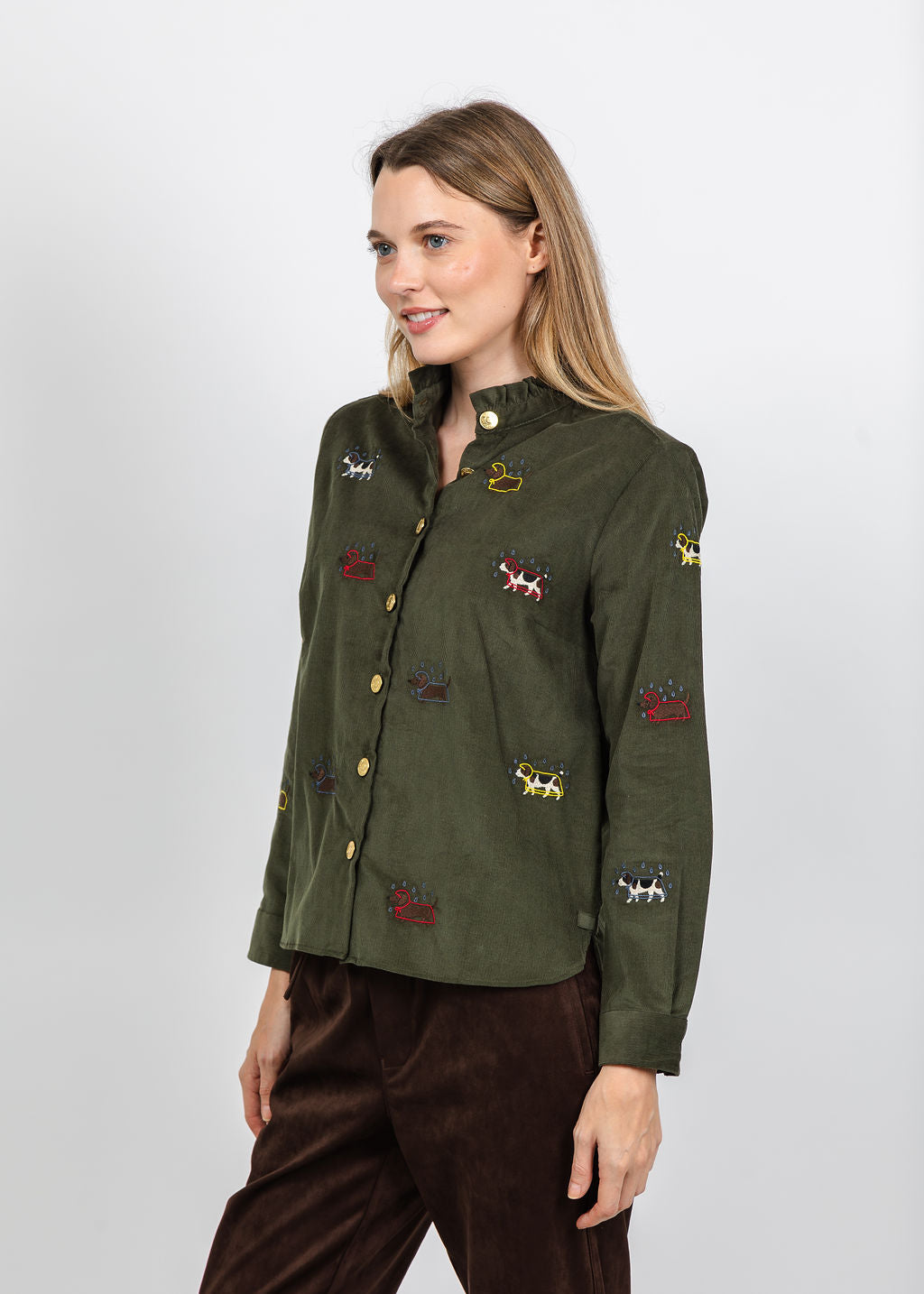 Vilagallo Rainy Dog Corduroy Shirt in Olive available at Barbara Katz