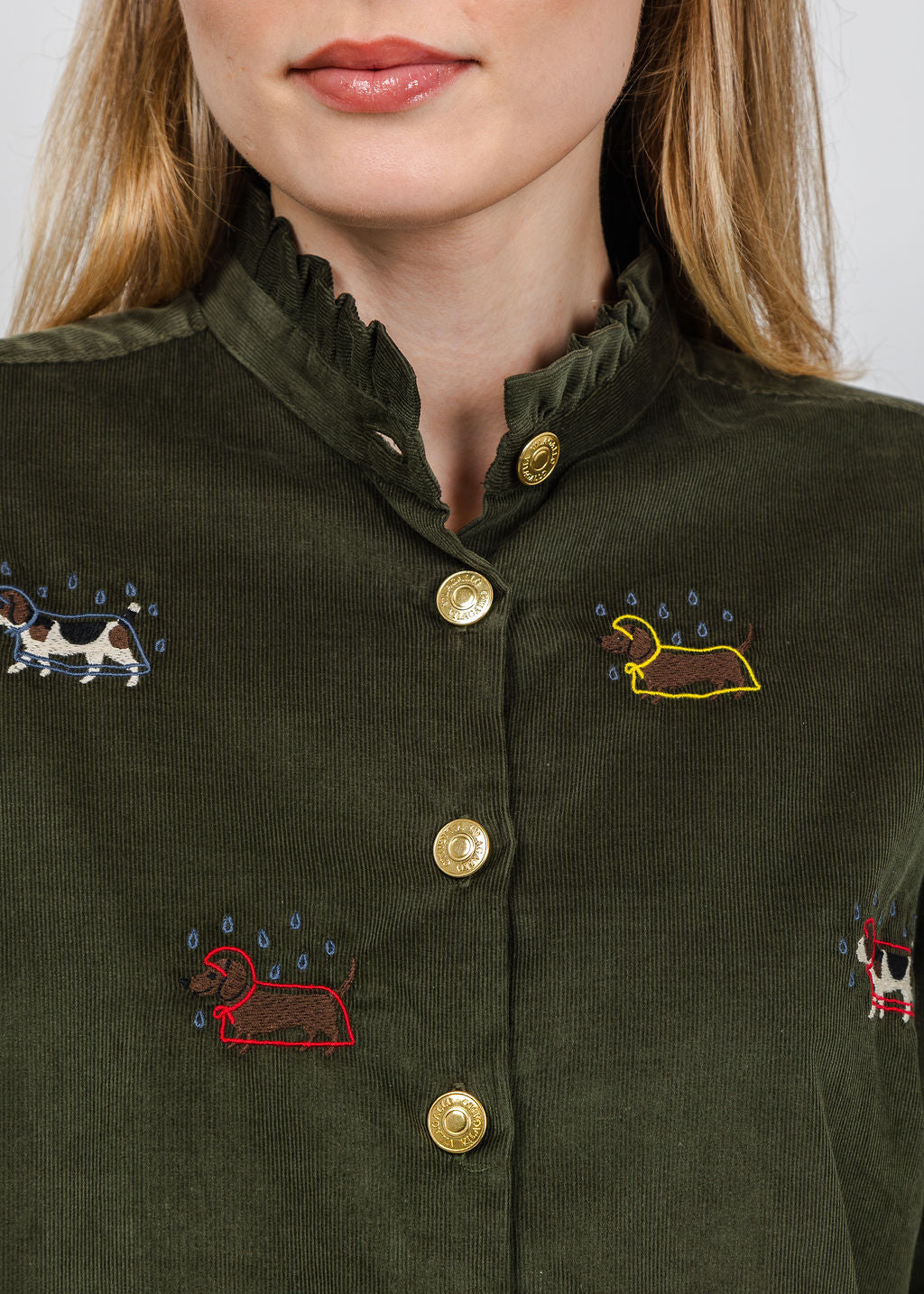 Vilagallo Rainy Dog Corduroy Shirt in Olive available at Barbara Katz