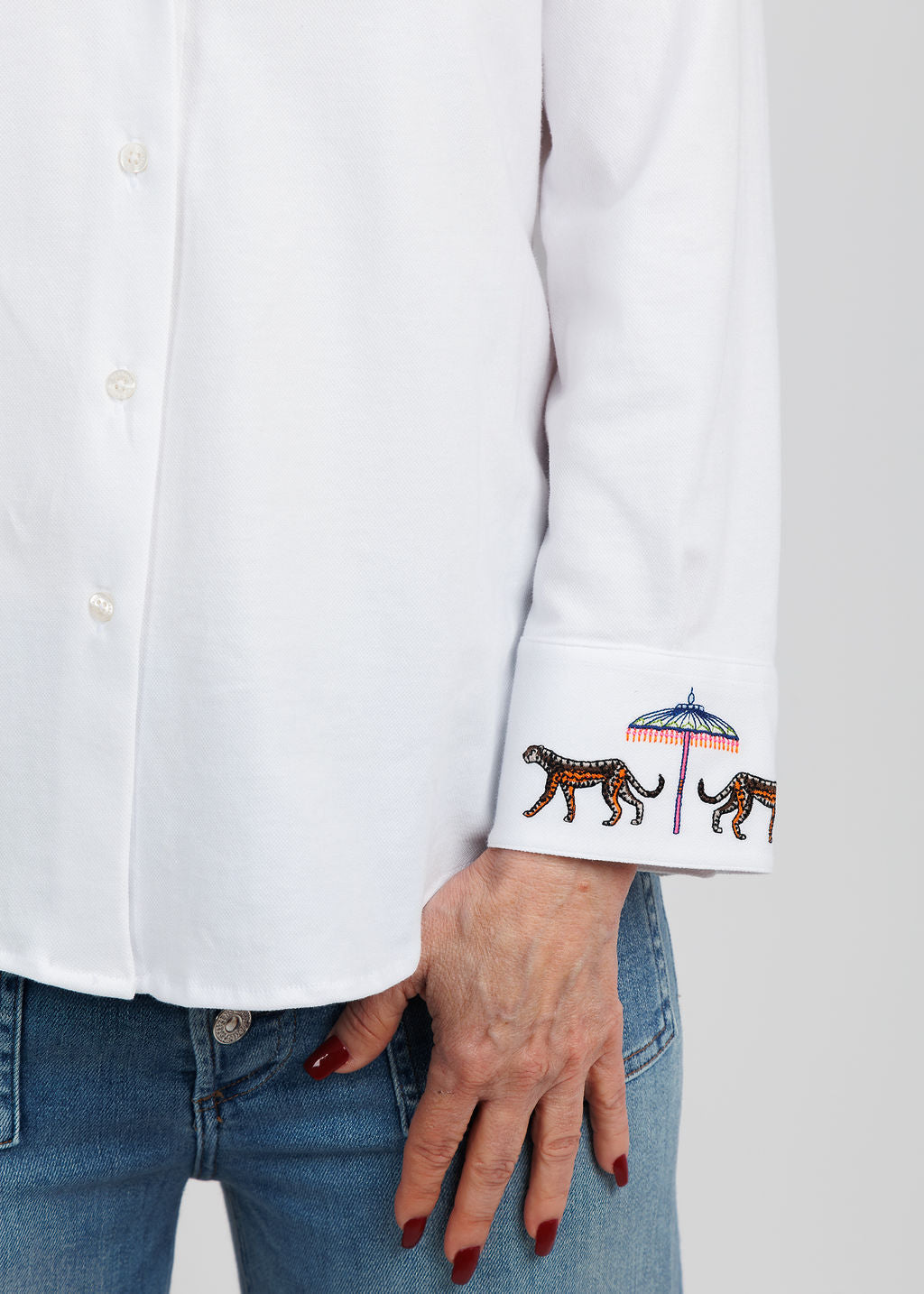 Vilagallo Rose Punto Pique Embroidered Shirt in White available at Barbara Katz