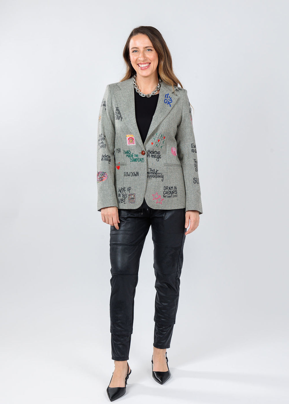 Vilagallo Helen Graffiti Jacket in Multi paired with Raffaello Rossi Vegan Leather Candy Pants in Black available at Barbara Katz