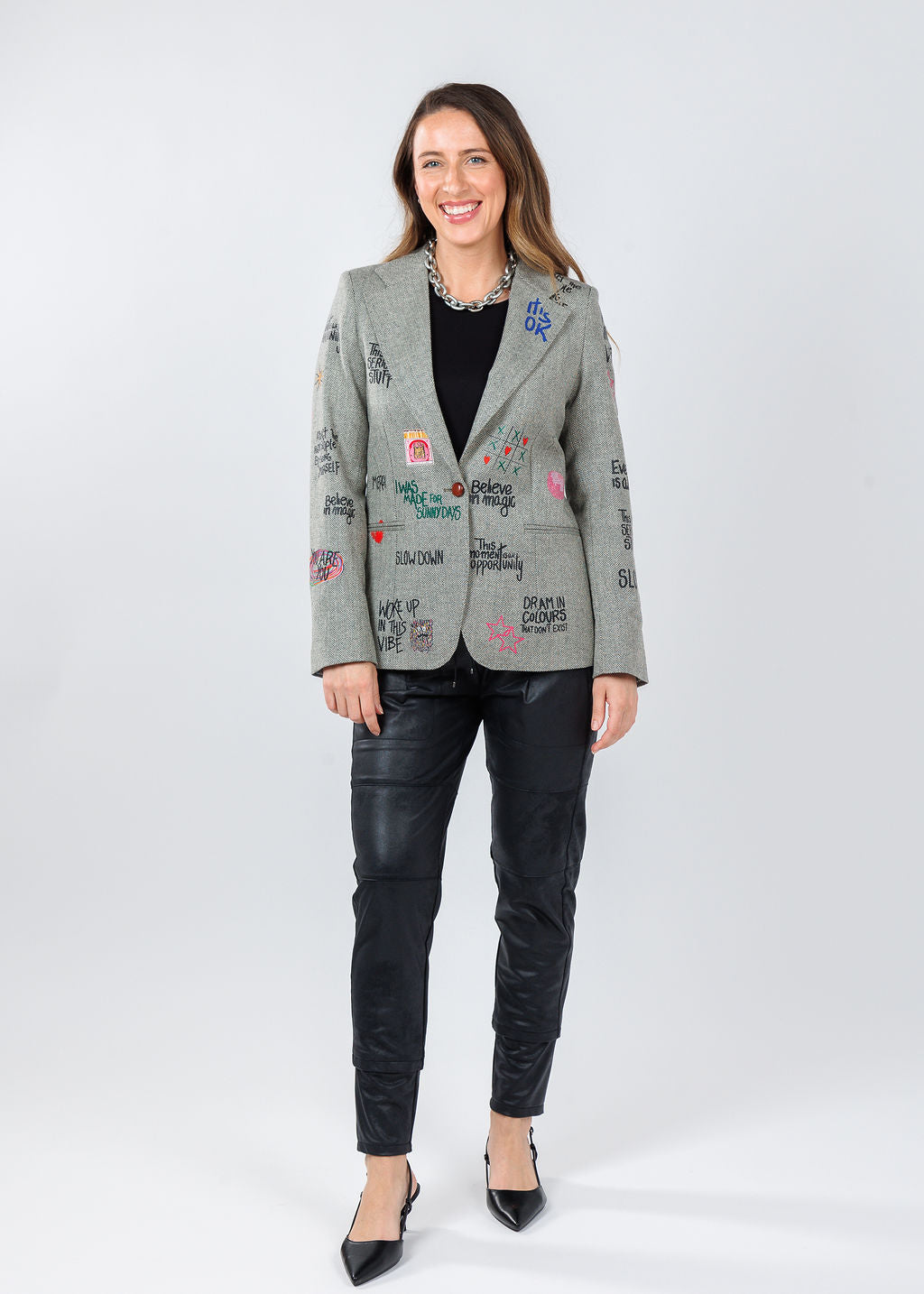 Vilagallo Helen Graffiti Jacket in Multi paired with Raffaello Rossi Vegan Leather Candy Pants in Black available at Barbara Katz