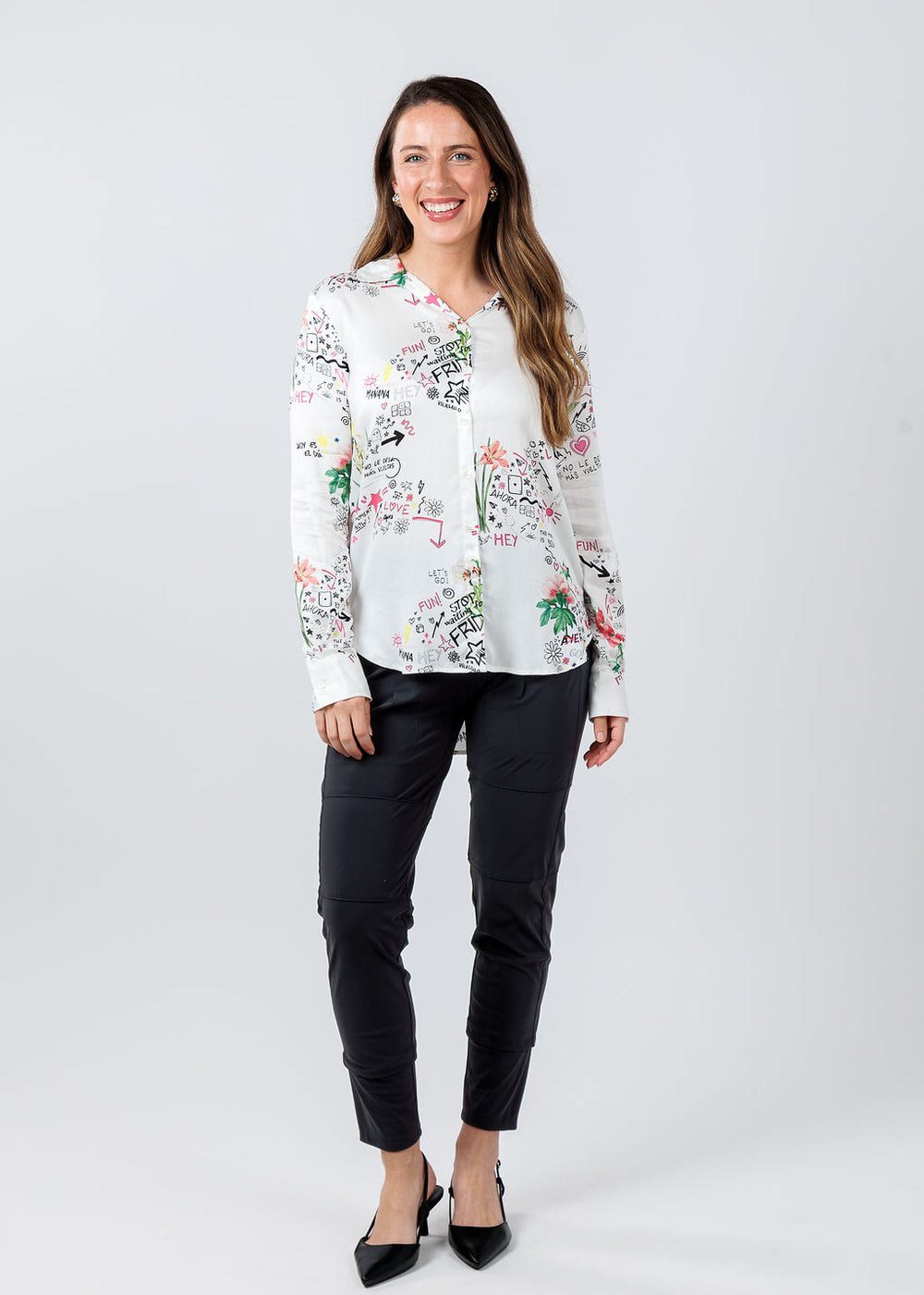Vilagallo Gaby Graffiti Print Blouse paired with Raffaello Rossi Candy Pants in Black available at Barbara Katz