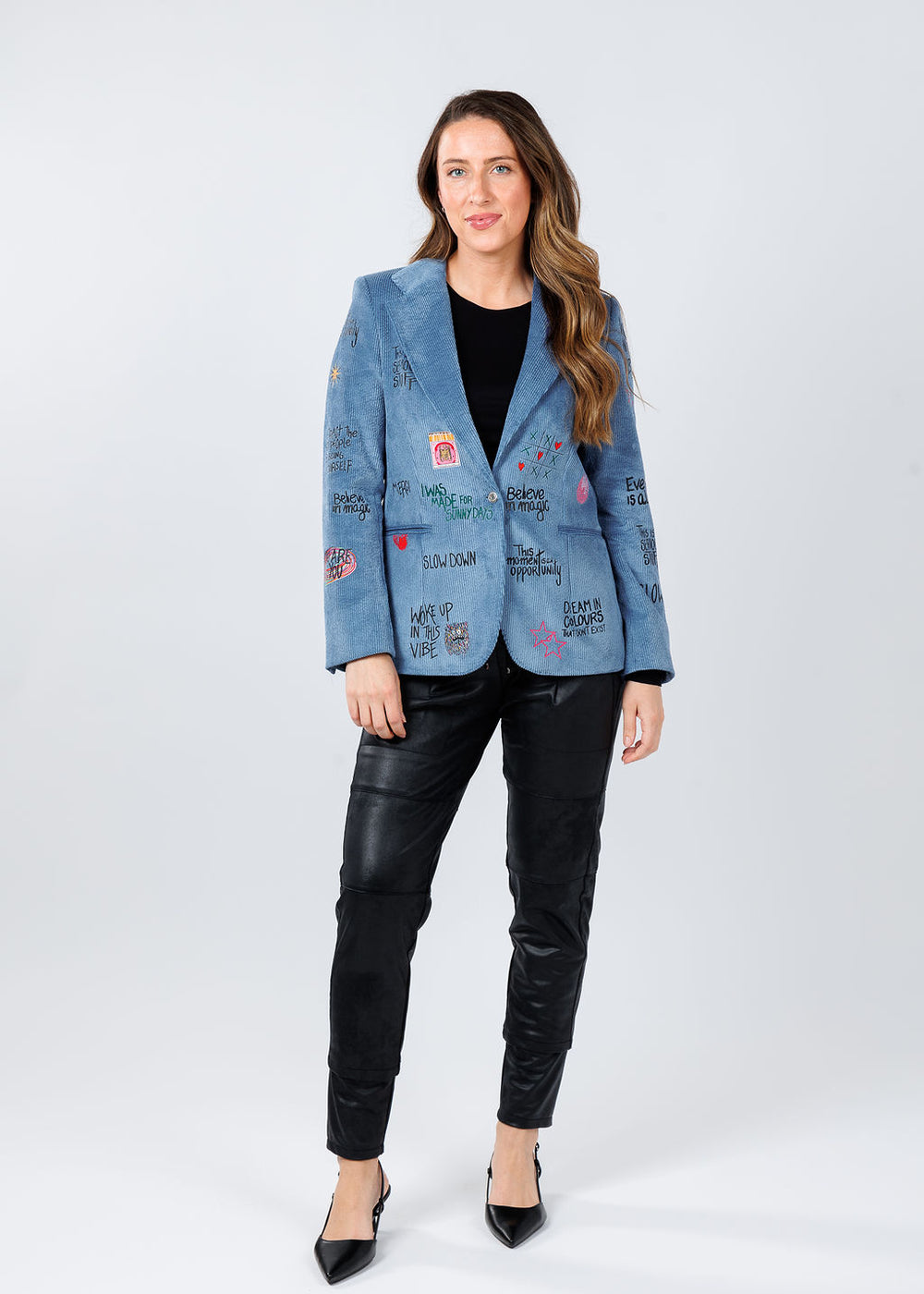 Vilagallo Helen Corduroy Jacket in Blue/Multi paired with Raffaello Rossi Vegan Leather Candy Pants in Black available at Barbara Katz