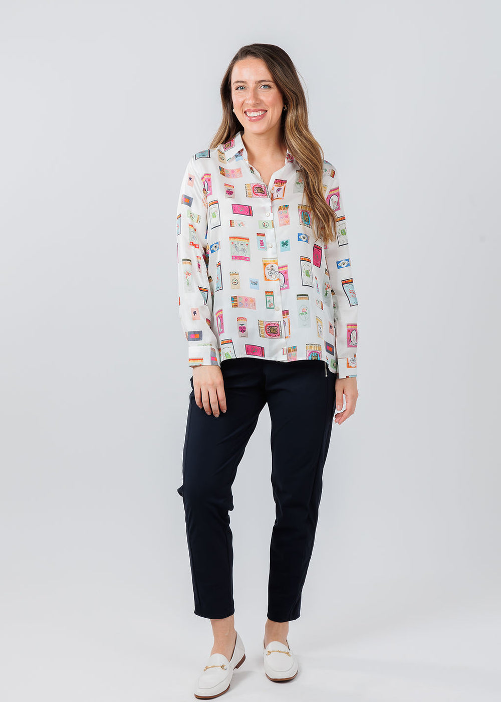 Vilagallo Tea Cerilas Print Blouse paired with Raffaello Rossi Natina Pants in Marine available at Barbara Katz