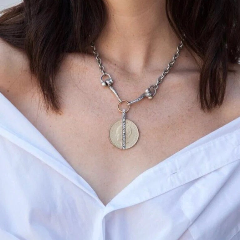 Tat2 Vintage Silver Crystal Bar & Wilhelmina Coin Horsebit Necklace