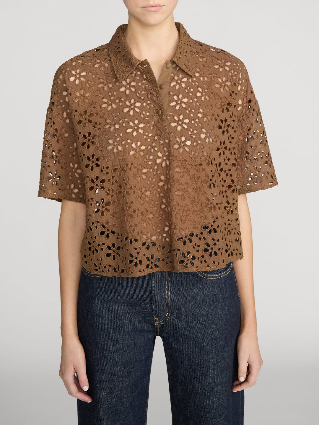Frame The Downing Eyelet Polo in Moss available at Barbara Katz