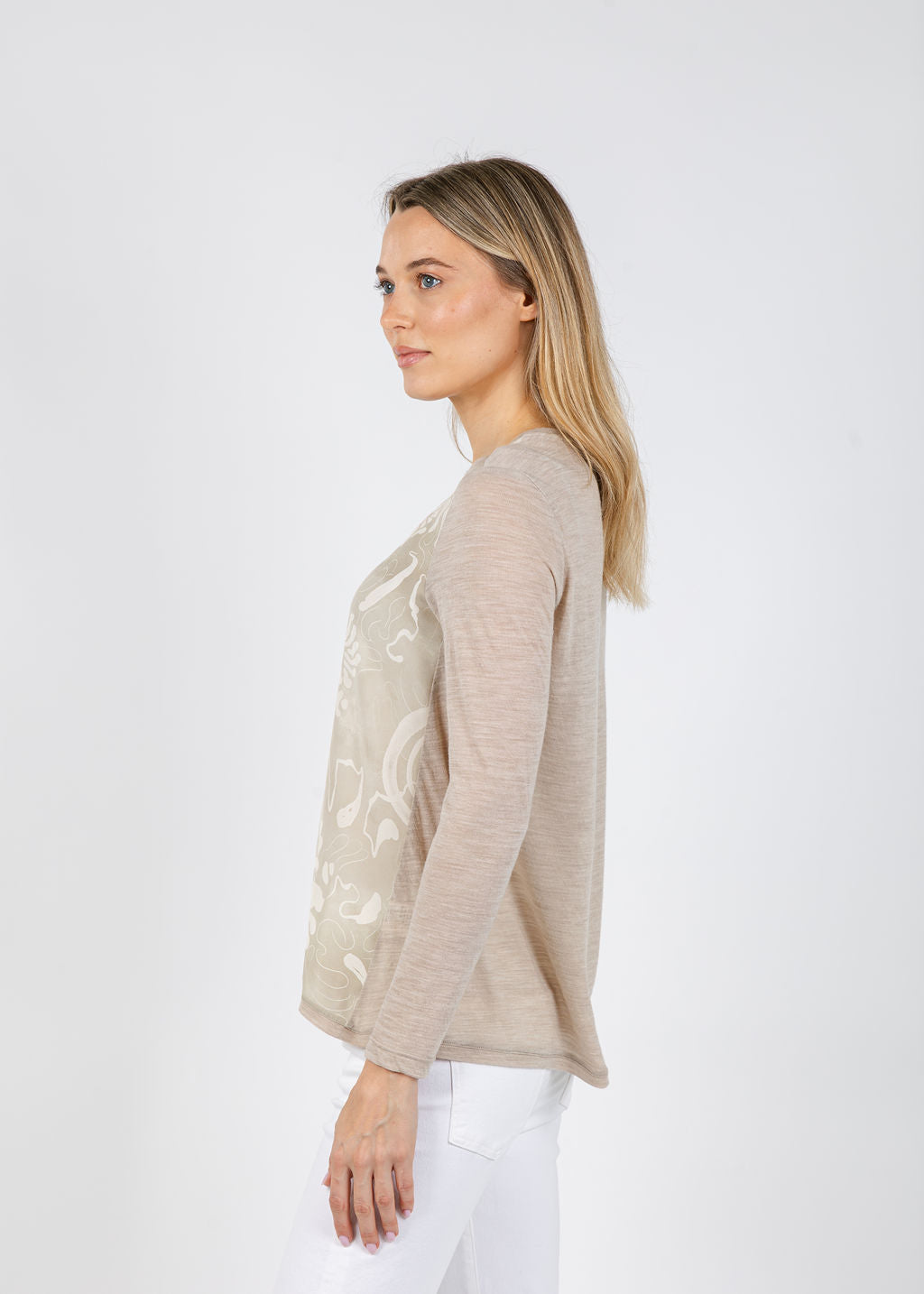 WHYCI Silk Front Long Sleeve Top in Beige available at Barbara Katz