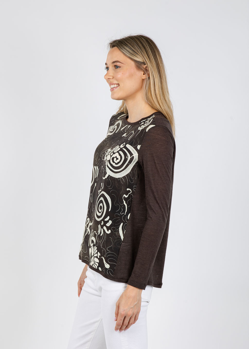 WHYCI Silk Front Long Sleeve Top in Moro available at Barbara Katz