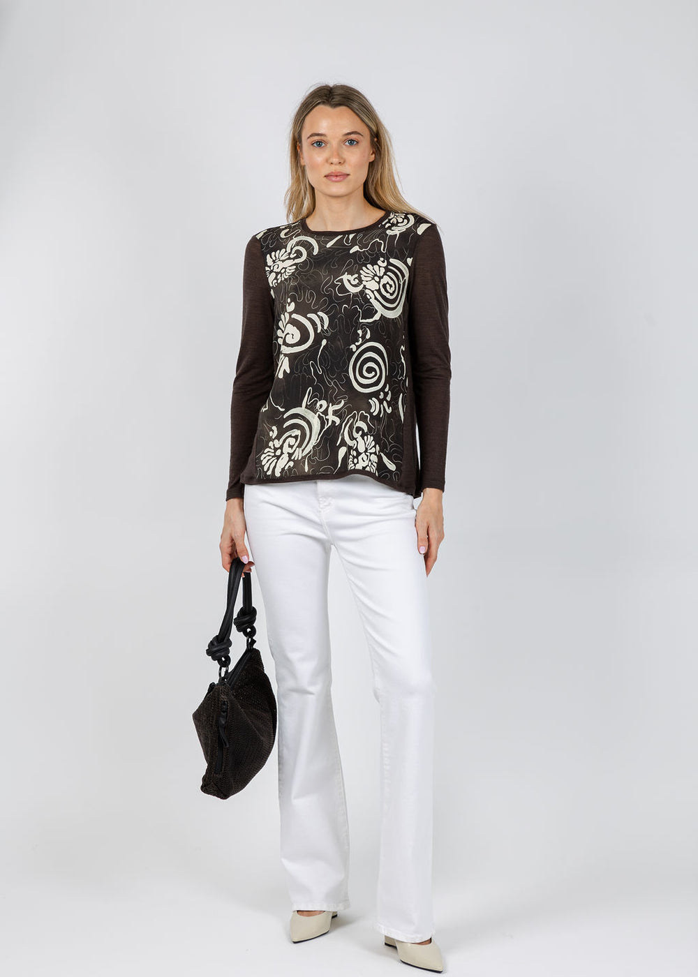 WHYCI Silk Front Long Sleeve Top in Moro available at Barbara Katz