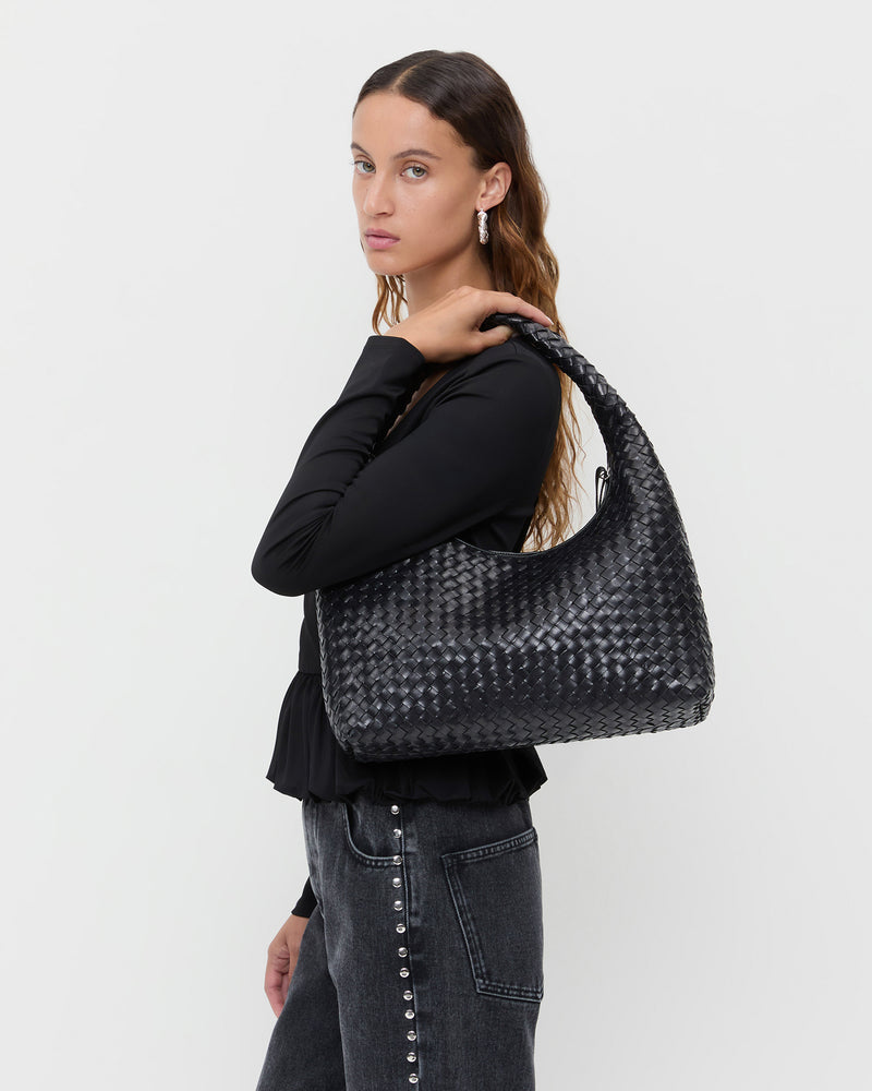 Loeffler Randall Willow Woven Hobo Bag in Black Square Weave Leather available at Barbara Katz