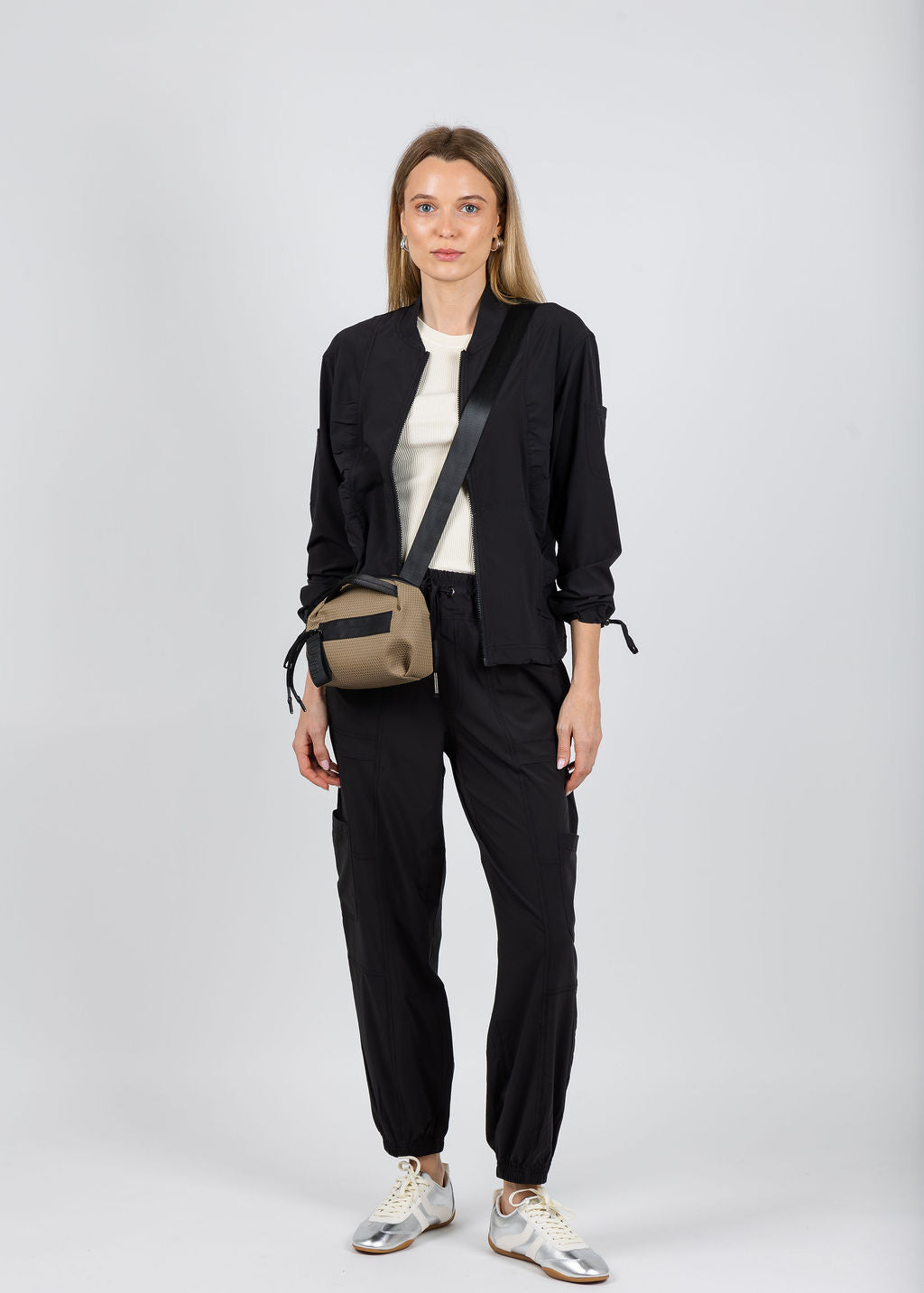 XCVI Wearables Bach Bomber Jacket in Black paired with matching Theobald Cargo Joggers available at Barbara Katz