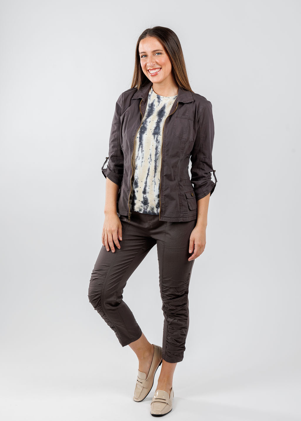 Wearables Wexel Jacket in Charcoal paired with Wearables Slub Andi Top in Flecked Wash and Wearables Geyser Crop Pants in Charcoal  available at Barbara Katz