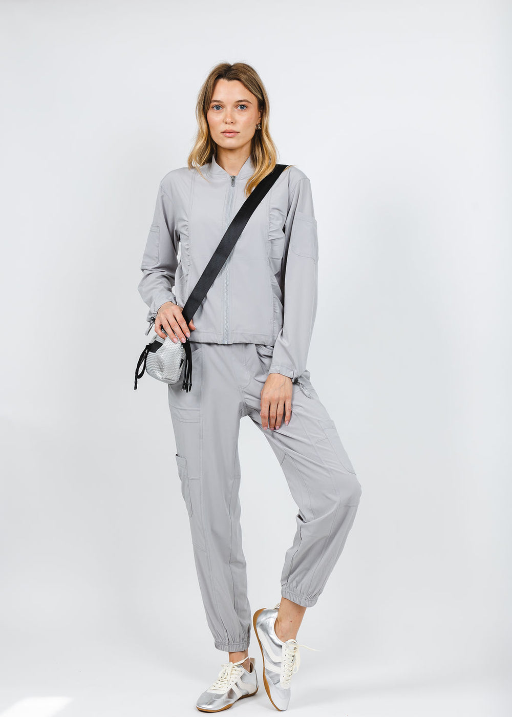 Wearables by XCVI Bach Bomber Jacket and Theobald Cargo Jogger in Arctic available at Barbara Katz