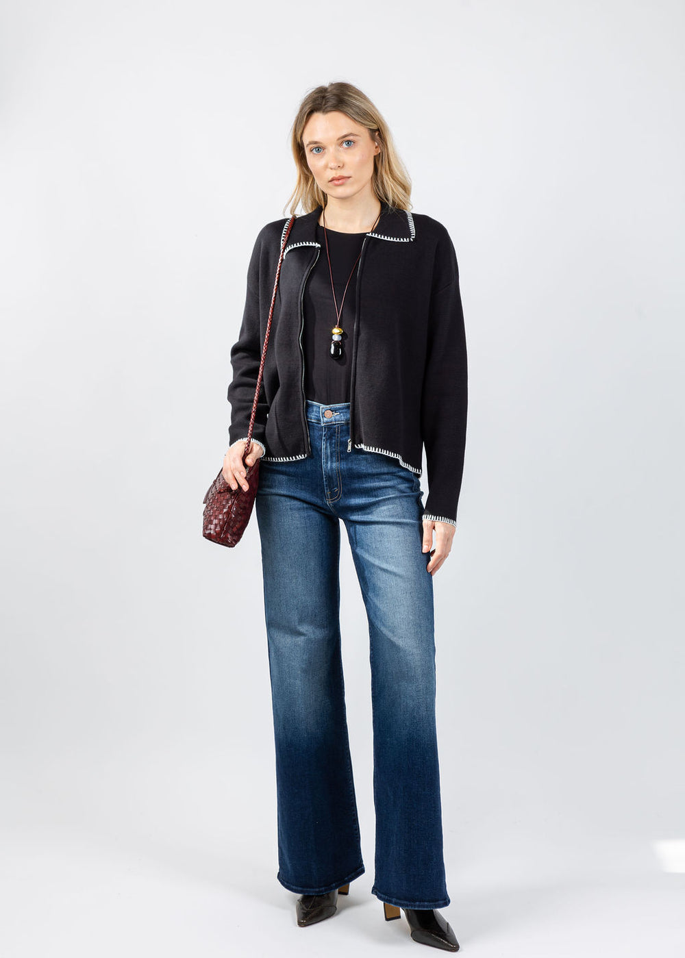 BK Whip Stitch Zip Sweater in Black/Ivory available at Barbara Katz