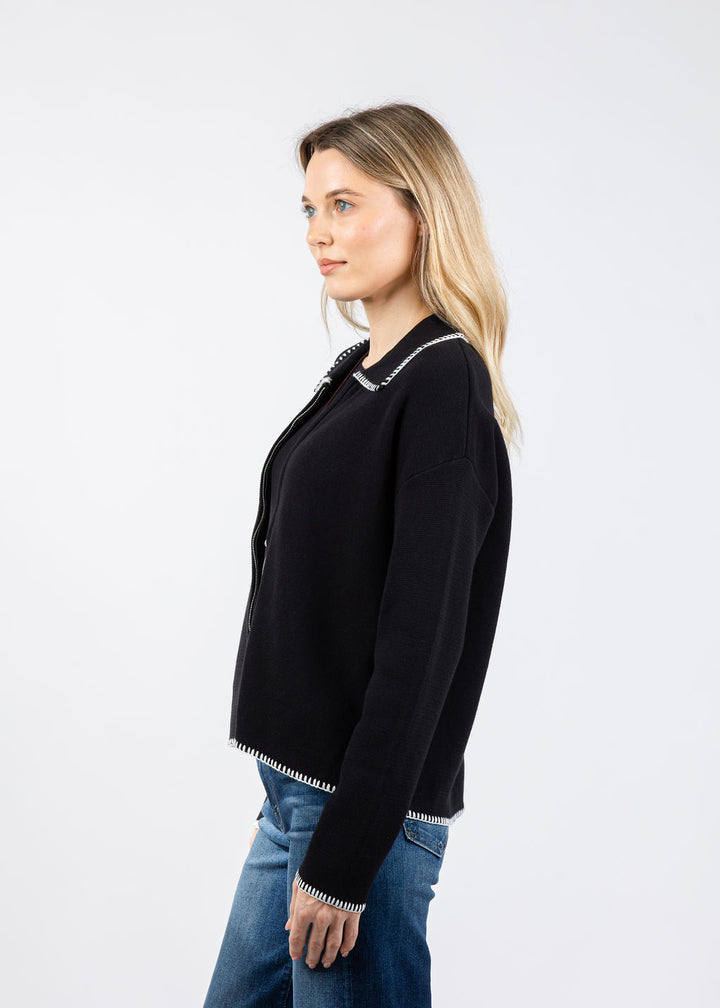BK Whip Stitch Zip Sweater in Black/Ivory available at Barbara Katz