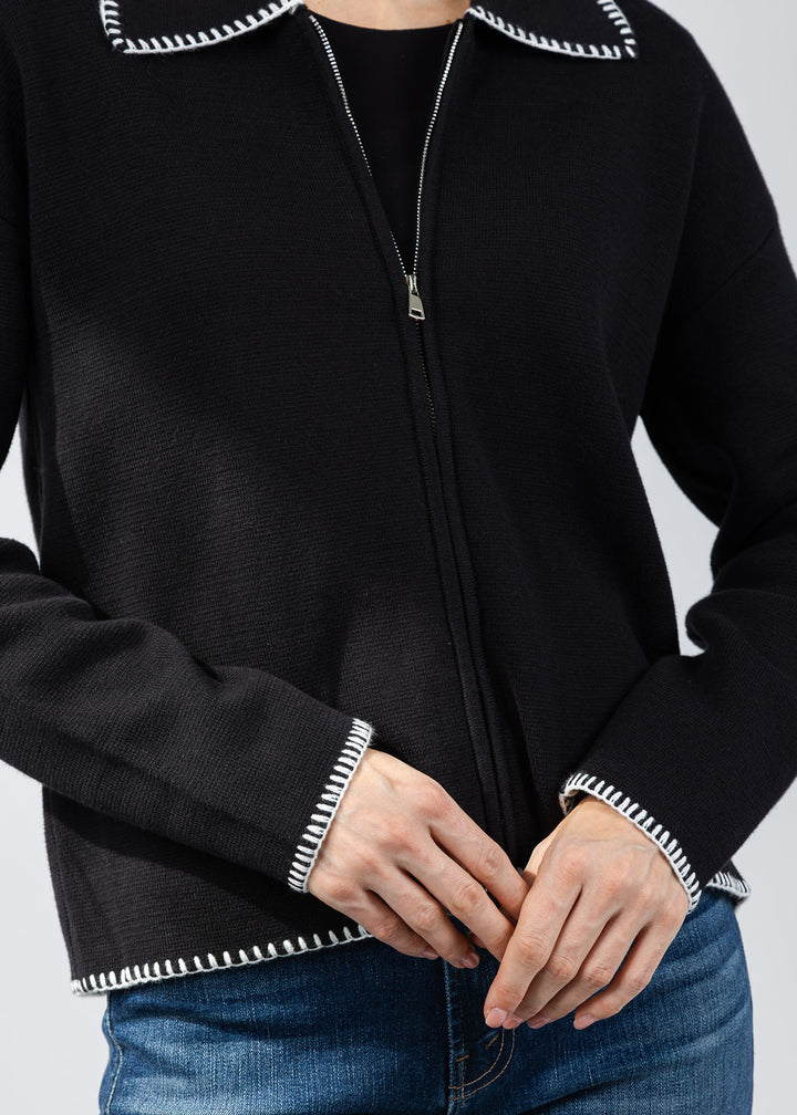 BK Whip Stitch Zip Sweater in Black/Ivory available at Barbara Katz