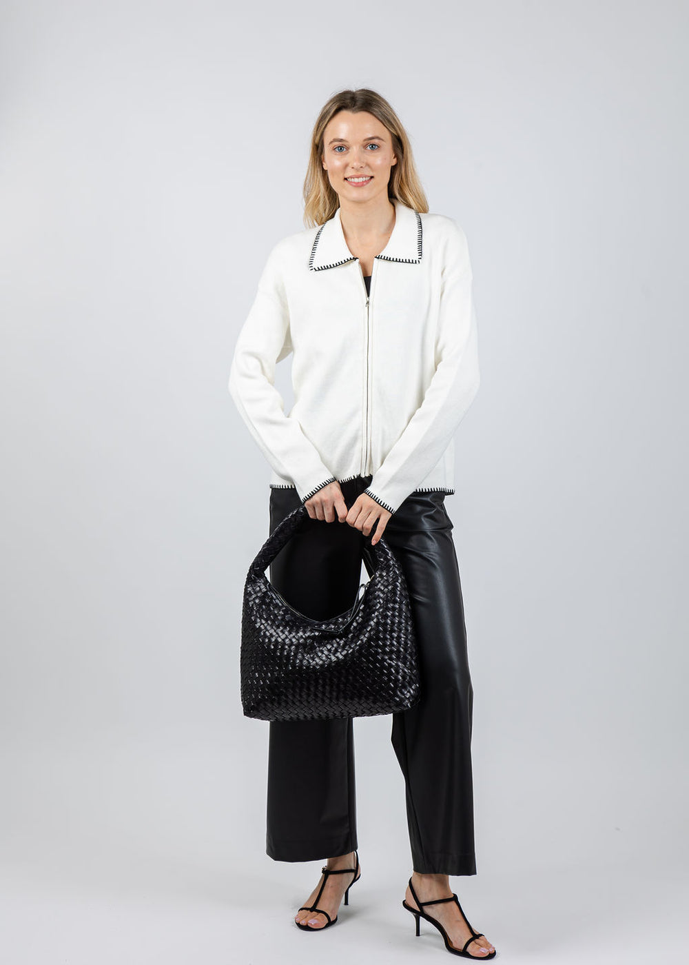 BK Whip Stitch Zip Sweater in Ivory/Black available at Barbara Katz
