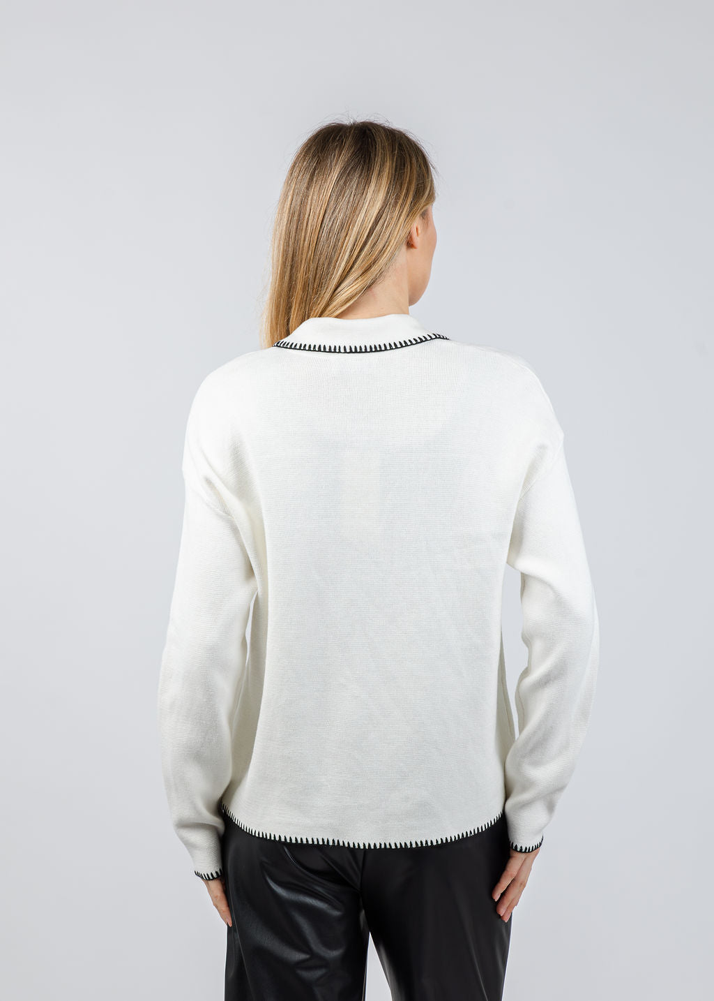 BK Whip Stitch Zip Sweater in Ivory/Black available at Barbara Katz