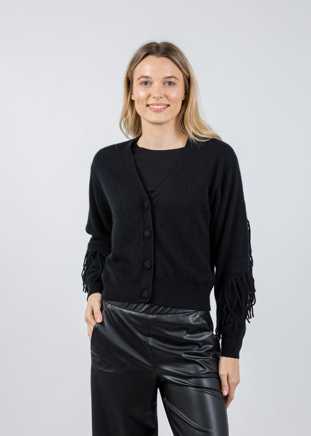 Whisper by Brodie Ashley Fringe Cardigan in Black available at Barbara Katz