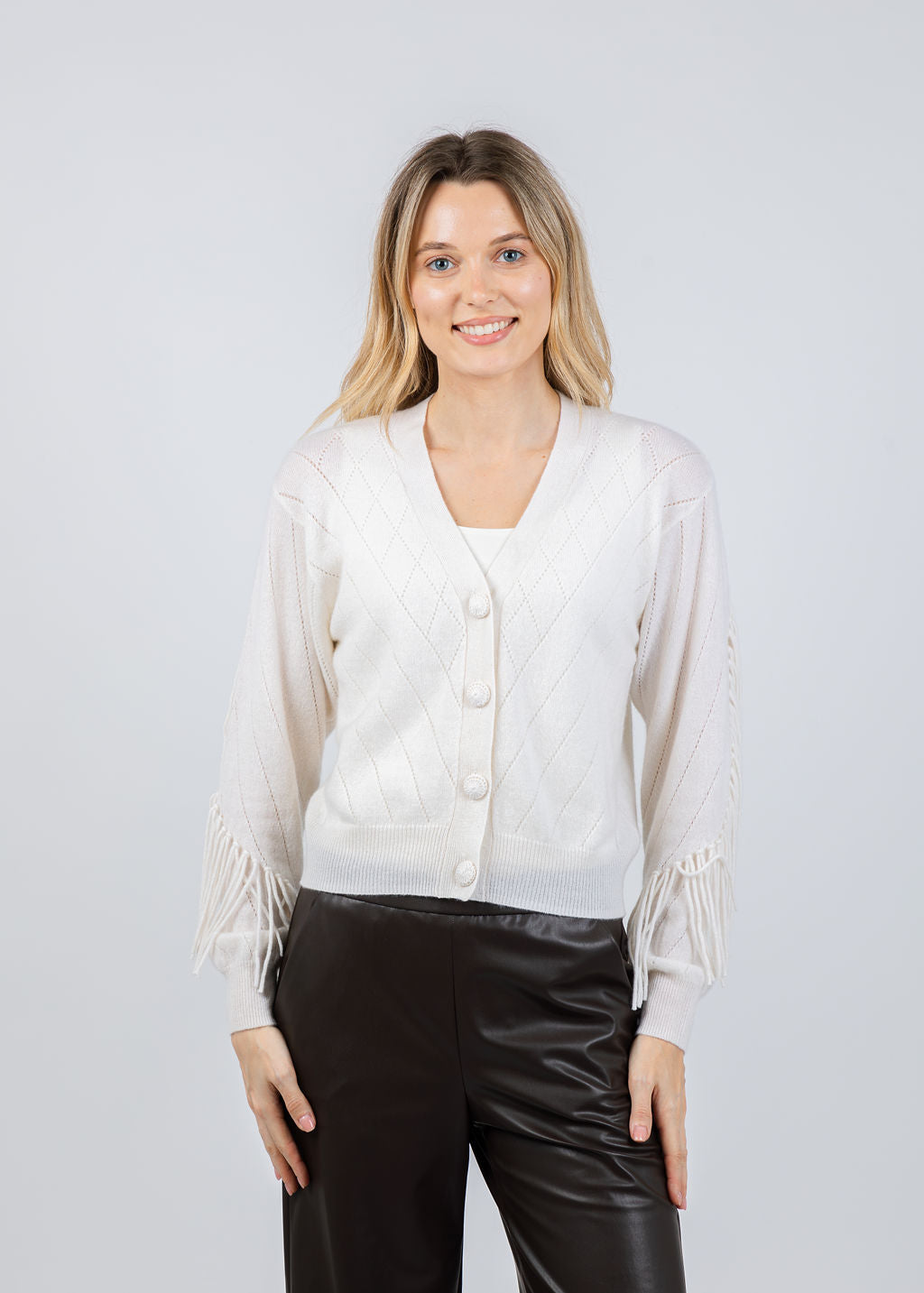 Whisper by Brodie Ashley Fringe Cardigan in Organic White available at Barbara Katz