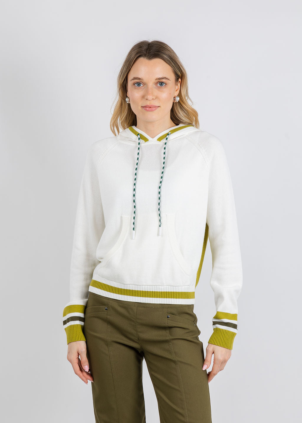 Whisper by Brodie Contrast Stripe Varsity Hoodie in Ivory/Olive Oil available at Barbara Katz