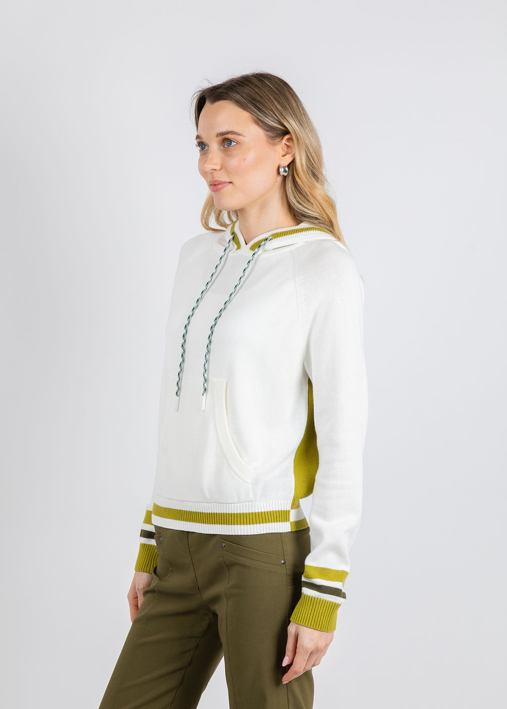 Whisper by Brodie Contrast Stripe Varsity Hoodie in Ivory/Olive Oil available at Barbara Katz
