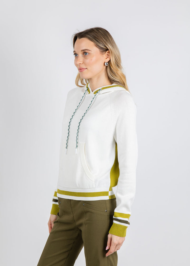 Whisper by Brodie Contrast Stripe Varsity Hoodie in Ivory/Olive Oil available at Barbara Katz