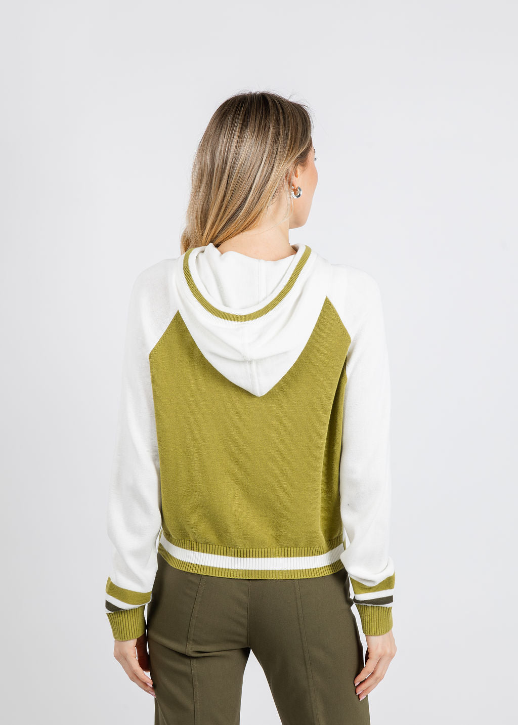 Whisper by Brodie Contrast Stripe Varsity Hoodie in Ivory/Olive Oil available at Barbara Katz