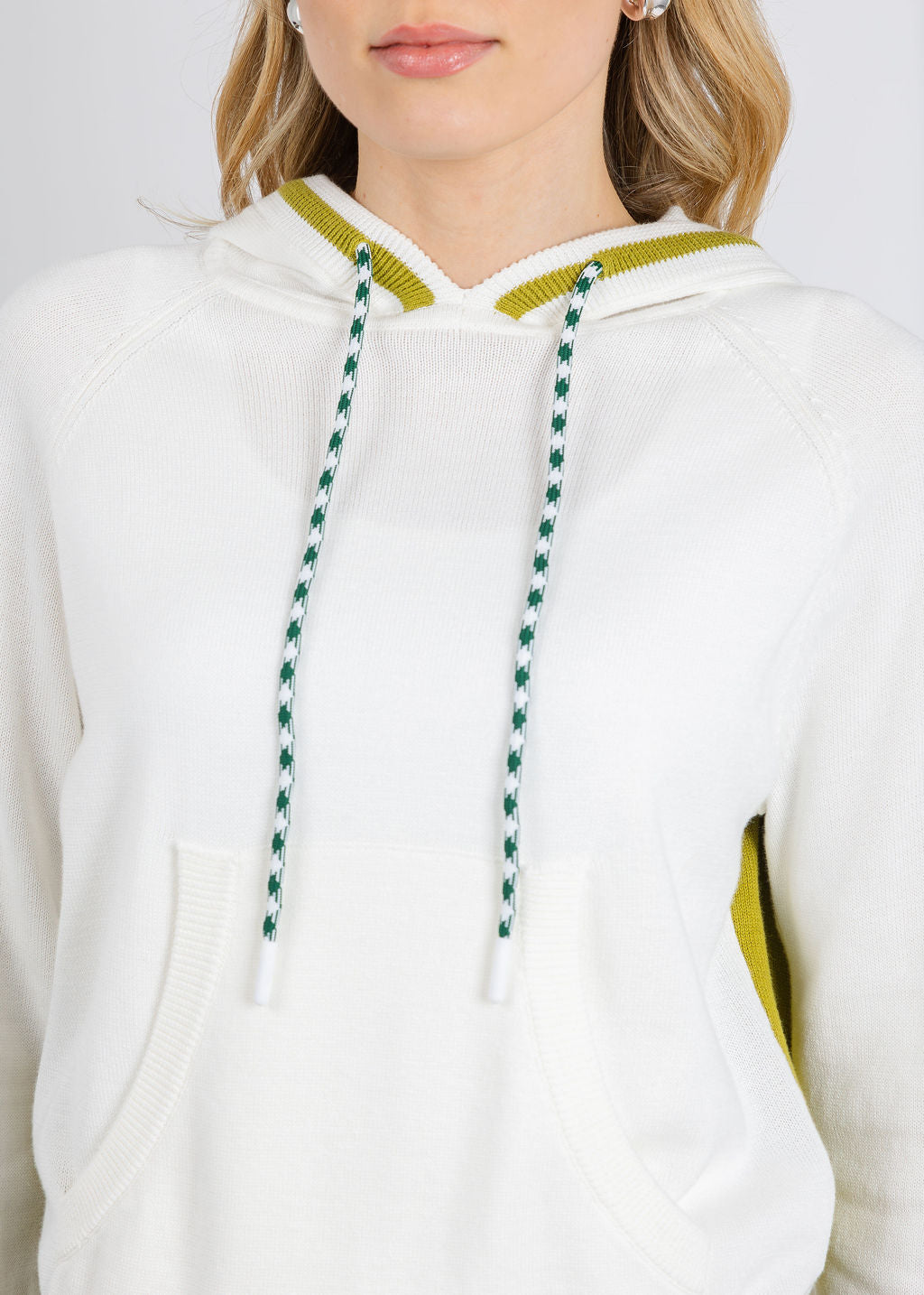 Whisper by Brodie Contrast Stripe Varsity Hoodie in Ivory/Olive Oil available at Barbara Katz