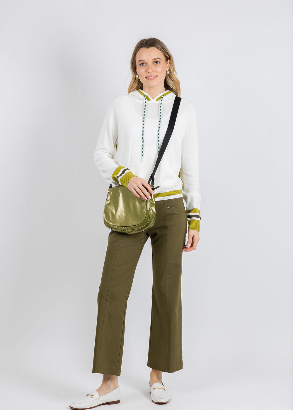 Whisper by Brodie Contrast Stripe Varsity Hoodie in Ivory/Olive Oil paired with Elliott Lauren 27" Control Stretch Grommet Wide Leg Pants in Olive available at Barbara Katz