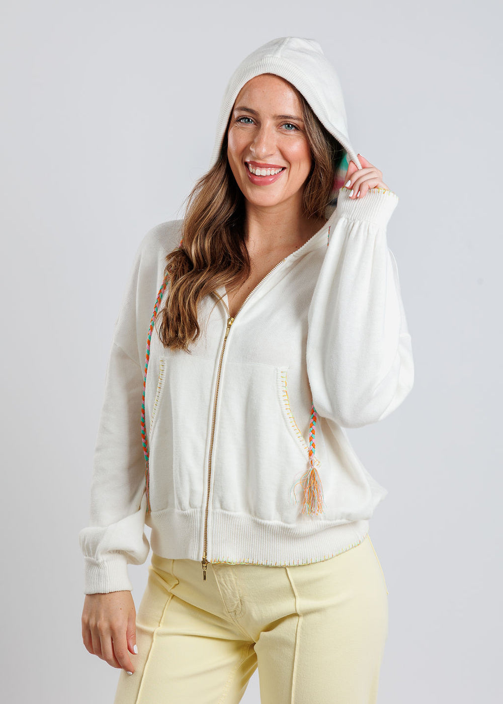 Whisper by Brodie Debbie Rainbow Tie Hoodie in Ice Water available at Barbara Katz
