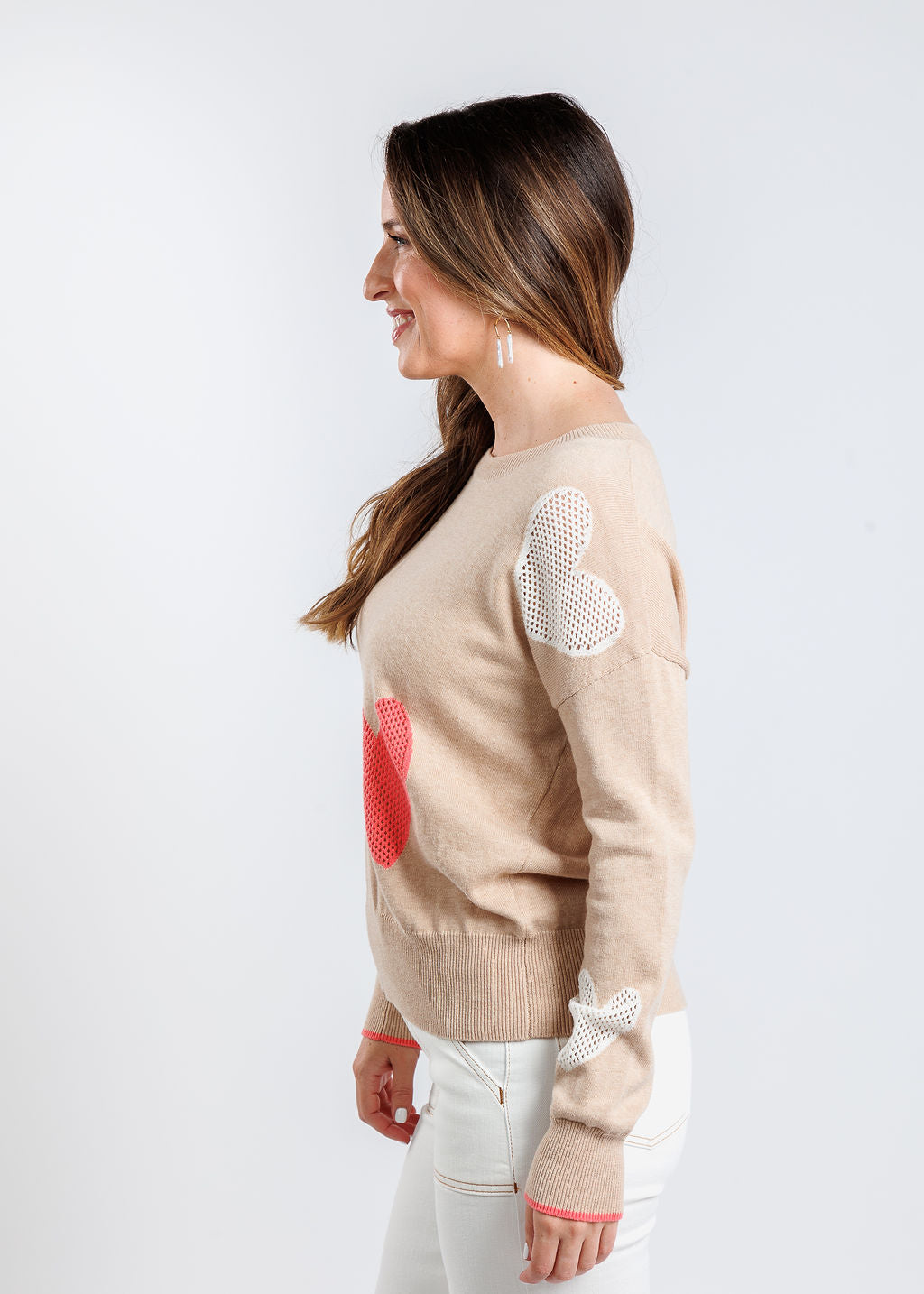 Whisper by Brodie Eve Quirky Heart Victory Long Sleeve Crew Sweater in Crema available at Barbara Katz