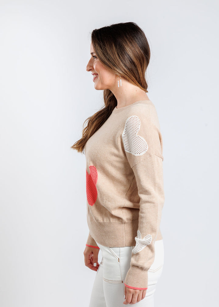 Whisper by Brodie Eve Quirky Heart Victory Long Sleeve Crew Sweater in Crema available at Barbara Katz