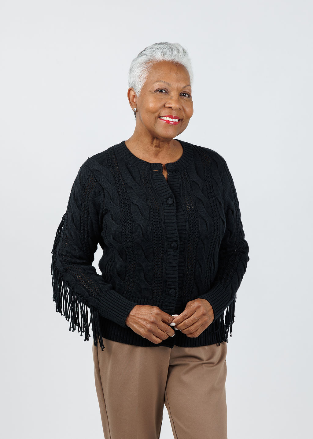 Whisper by Brodie Hazel Fringe Cardigan in Black available at Barbara Katz