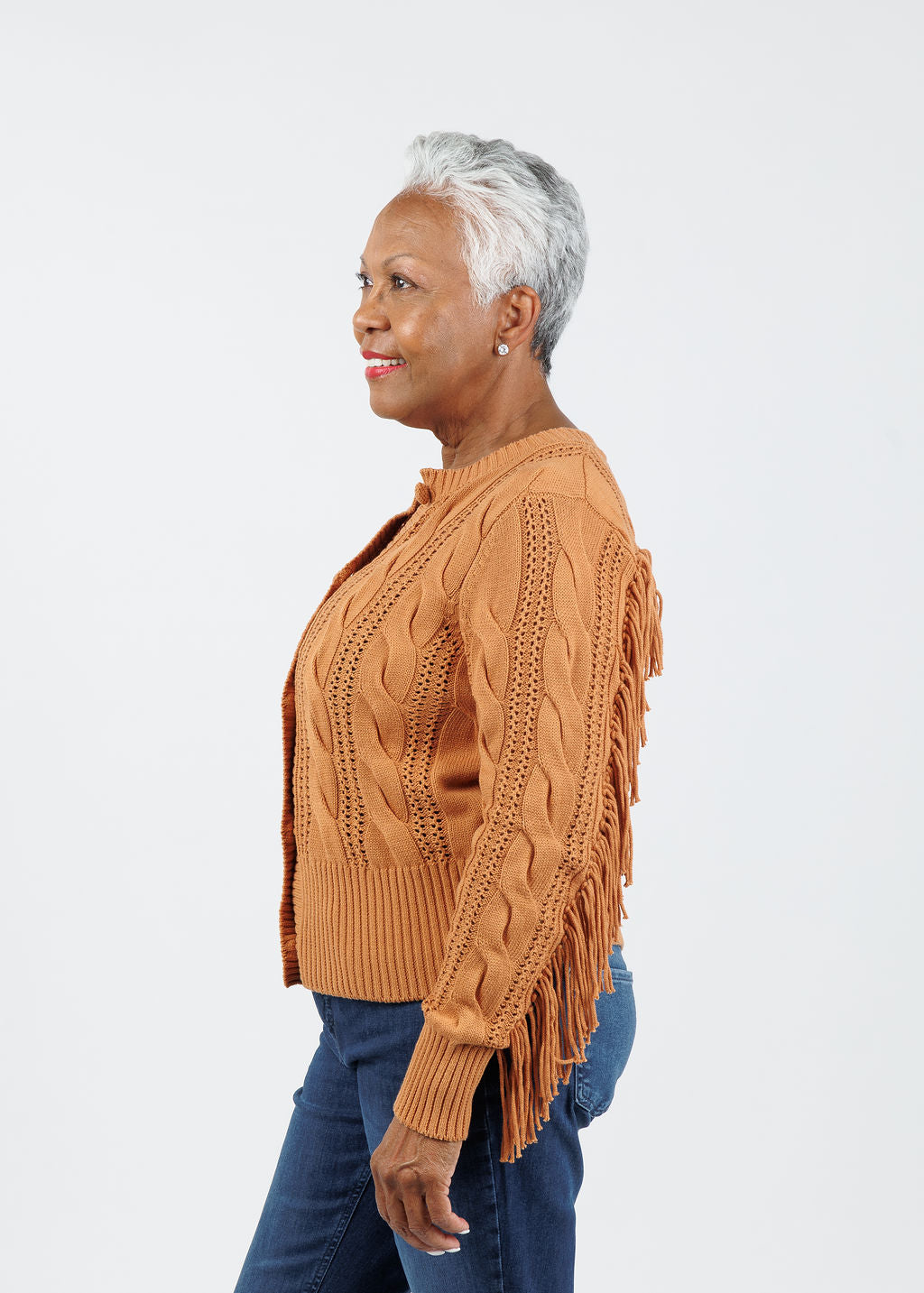 Whisper by Brodie Hazel Fringe Cardigan in Camel available at Barbara Katz