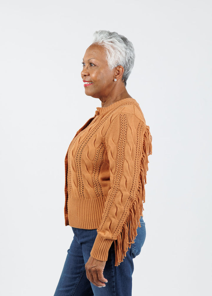 Whisper by Brodie Hazel Fringe Cardigan in Camel available at Barbara Katz