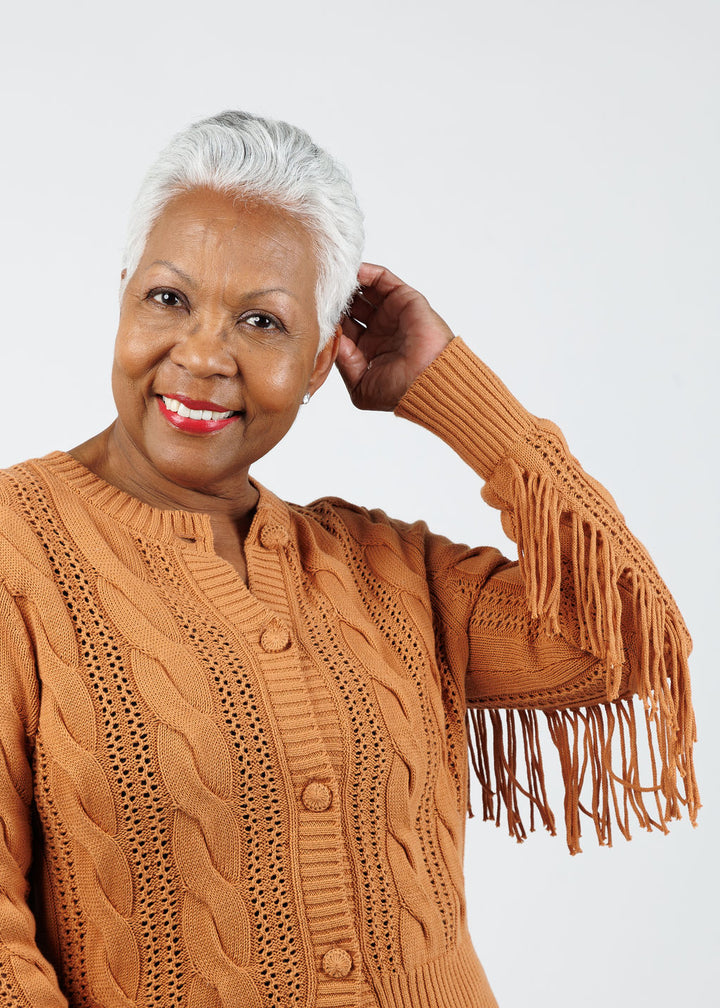 Whisper by Brodie Hazel Fringe Cardigan in Camel available at Barbara Katz