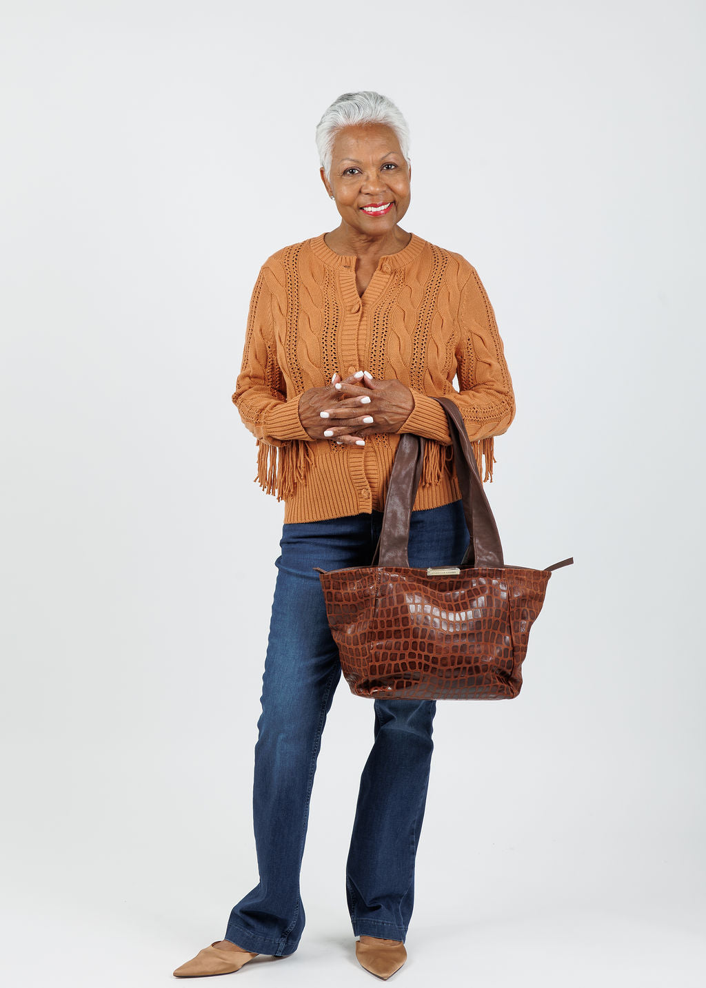 Whisper by Brodie Hazel Fringe Cardigan in Camel paired with MAC Dream Boot Cut Jeans 32" Denim available at Barbara Katz